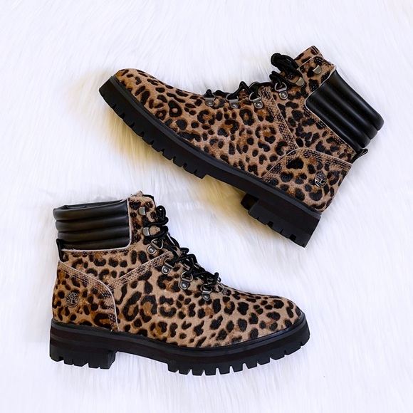 Timberland Women’s London Square Cheetah Print Calf Hair Combat Boot Mid Hiker - Picture 2 of 9